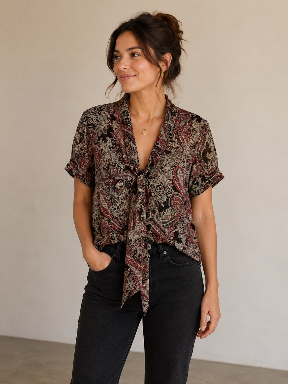 Paisley Print Women's Blouse Pink Black L